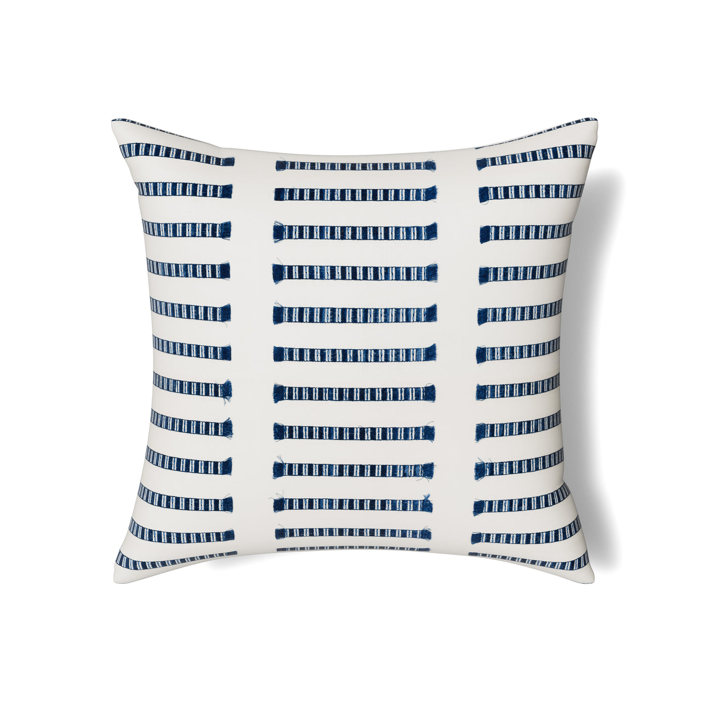 Ann Gish Latera pillow, ivory with navy embroidered dash stripe pattern, square, angled view.