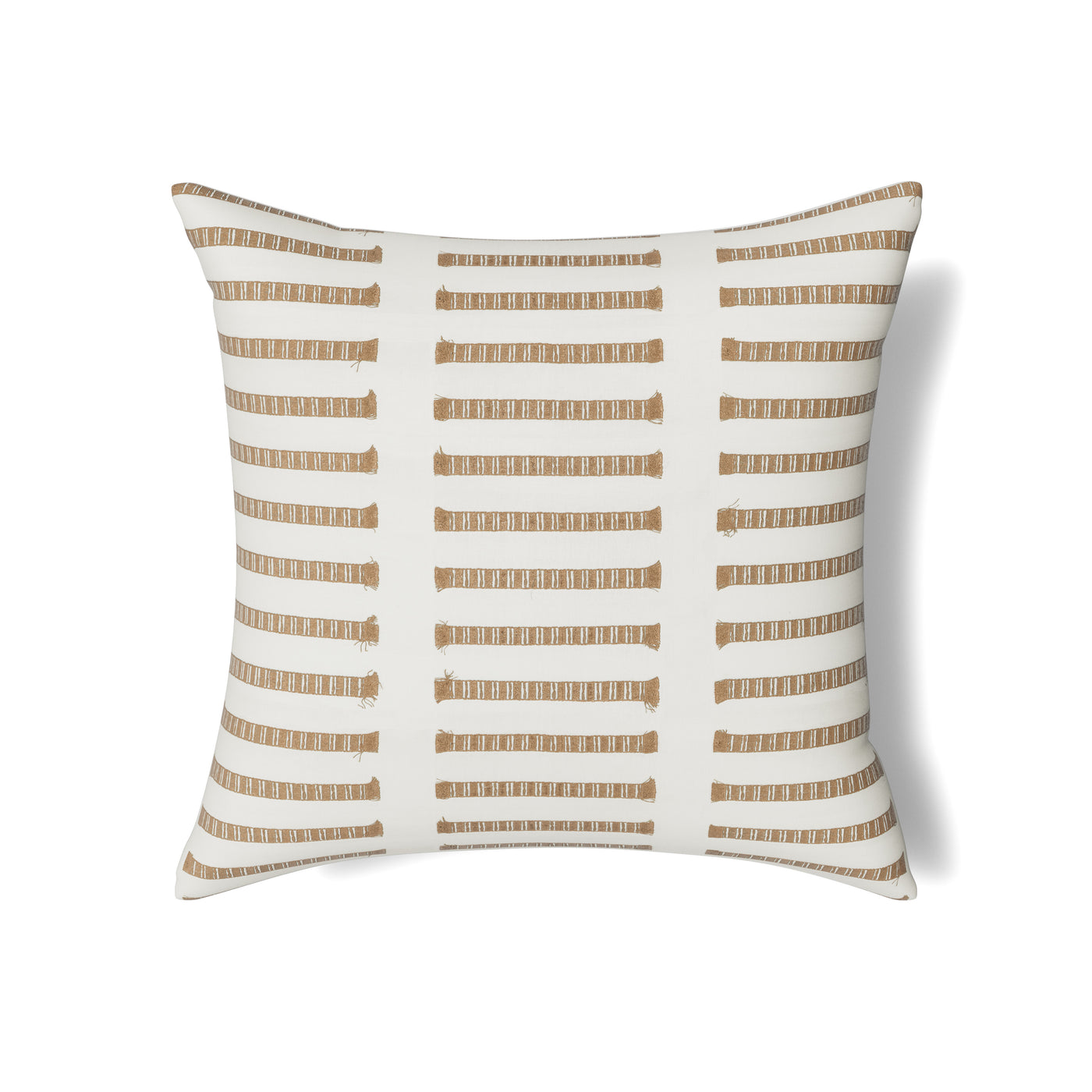 Close-up of Ann Gish Latera pillow with camel dashed stripe pattern on ivory ground.