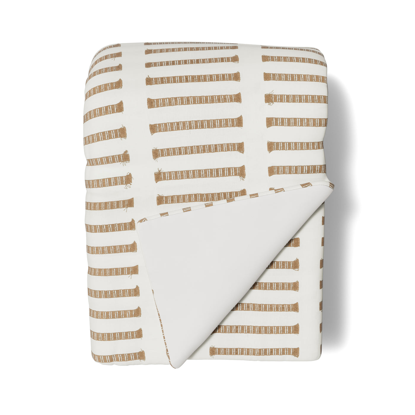 Ann Gish Latera throw folded overhead view, ivory reverse visible, gold dashed stripe pattern.
