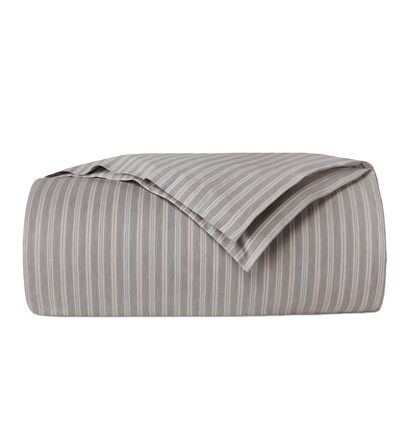 Sferra Leranto duvet cover in pewter cotton with tonal pin stripes, folded.