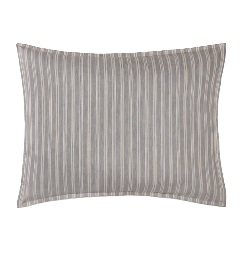 Sferra Leranto sham in slate grey with ivory ticking stripes and flanged border.