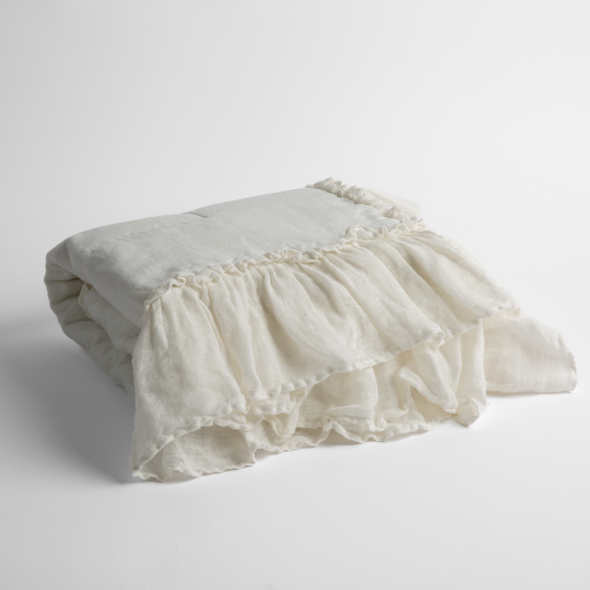 Bella Notte Linen Whisper baby blanket in Winter White with ruffled trim, folded flat.