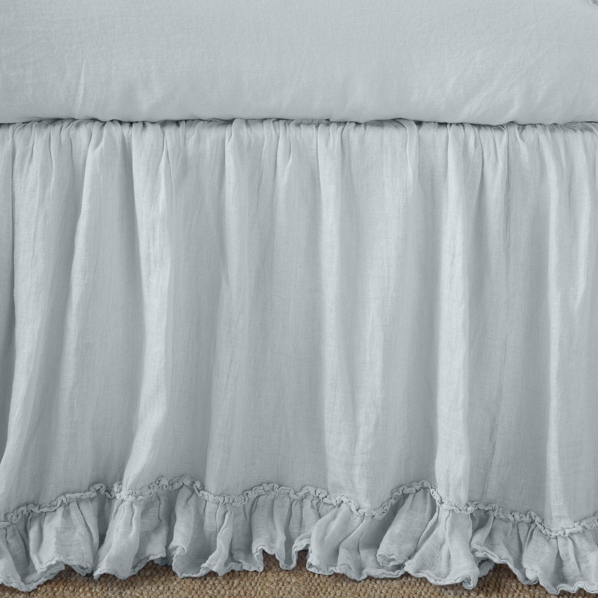 Ruffled hem detail on Bella Notte Linen Whisper bed skirt in Cloud.