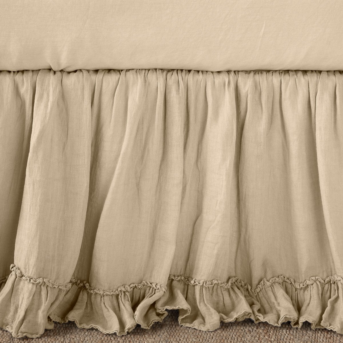 Gathered Honeycomb linen bed skirt with ruffled hem detail, full front view.