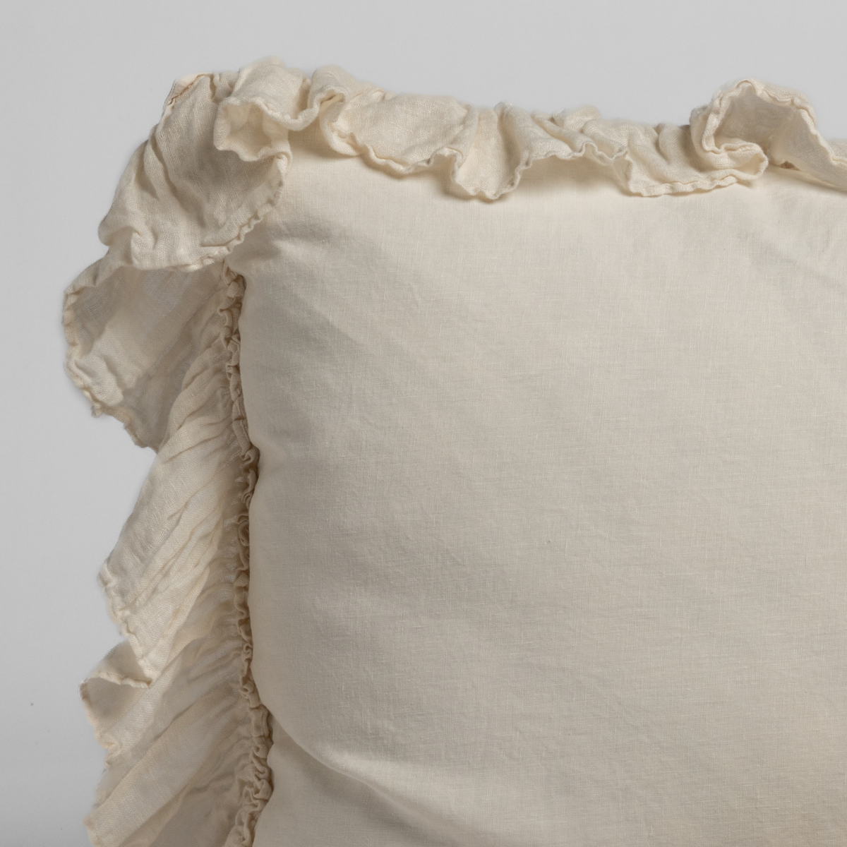 Close-up of Bella Notte Linen Whisper sham corner in Natural, showing ruffled trim detail.