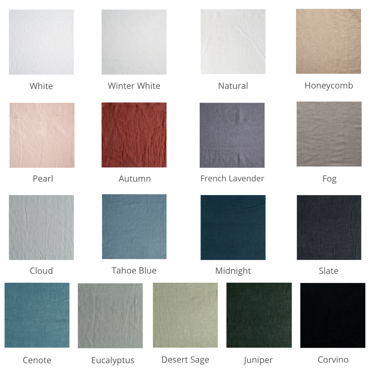 Bella Notte Linen Whisper guest towel colorway grid showing all 16 available color options.