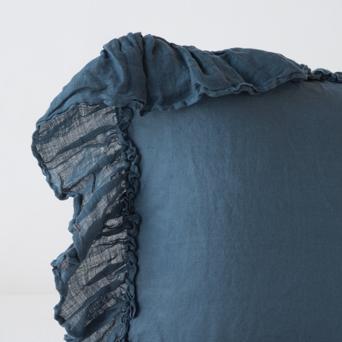 Close-up of Bella Notte Linen Whisper sham ruffle trim in Midnight.