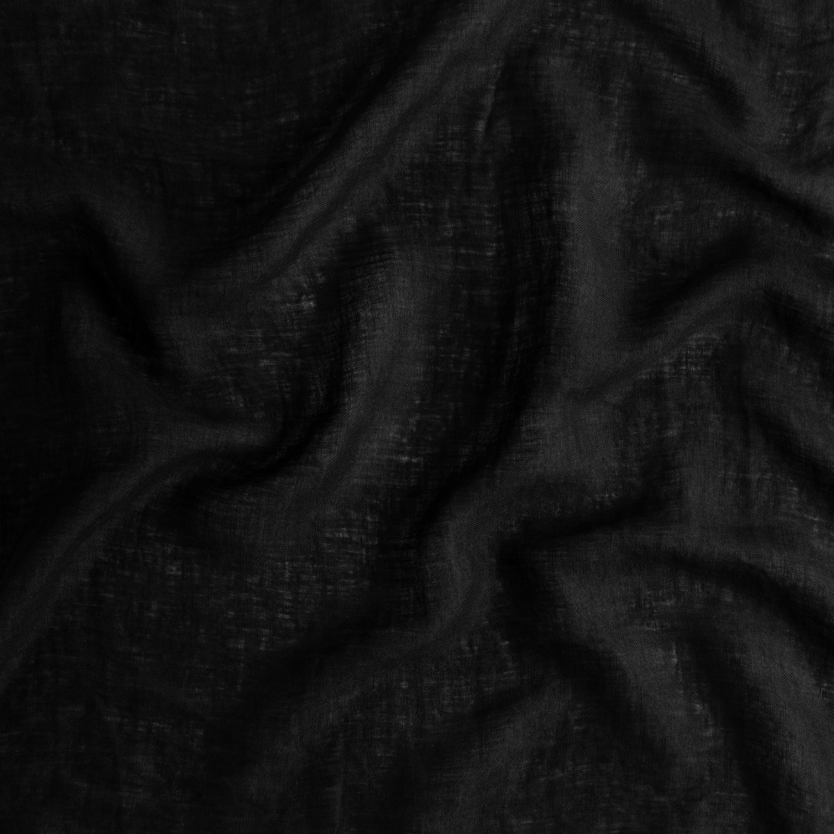 Close-up of Corvino Bella Notte Linen Whisper fabric showing draped black linen weave texture.