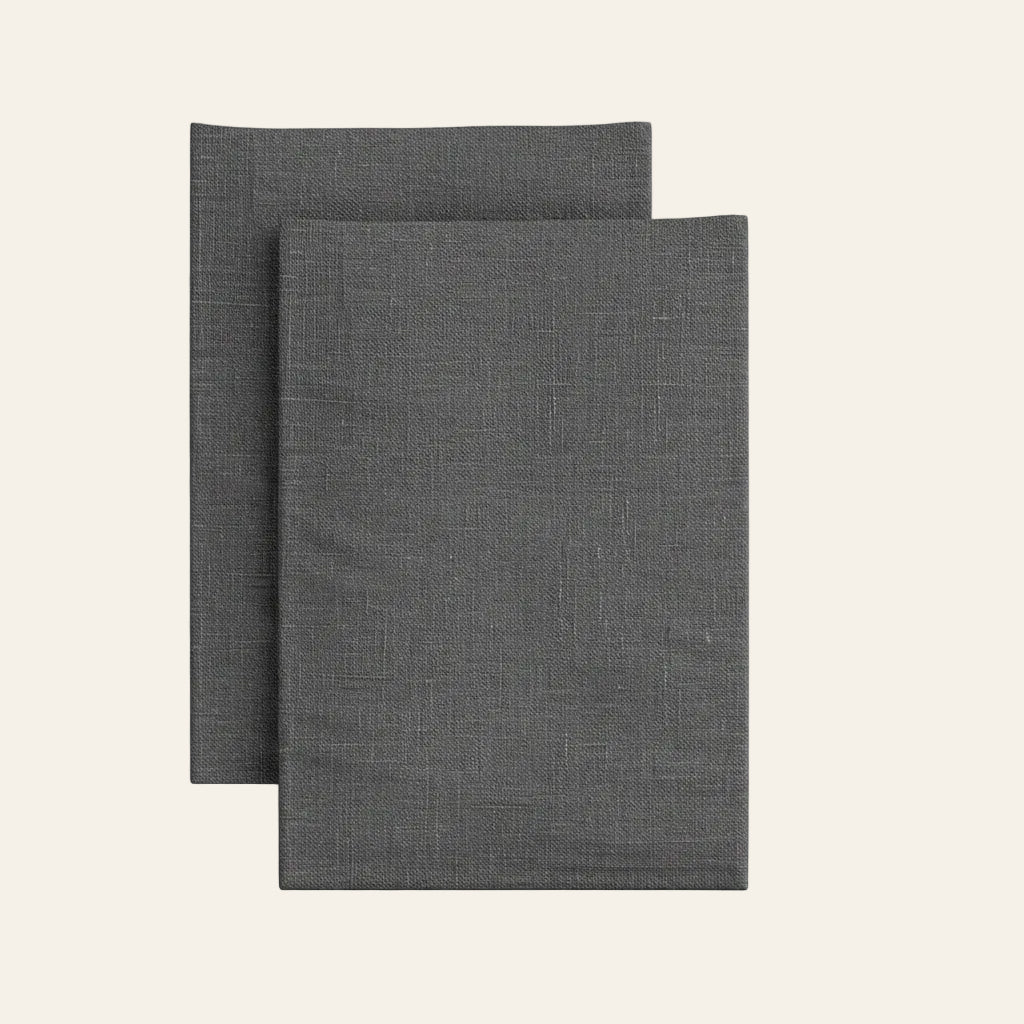 Ann Gish Linen pillowcases in charcoal, set of two shown flat against white background.