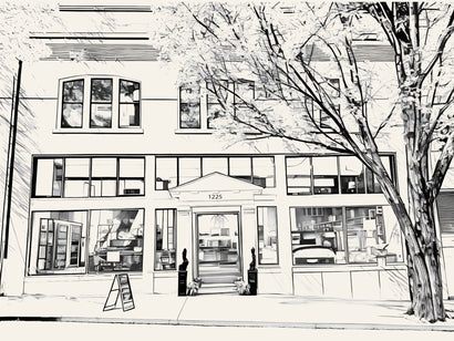 Sketched image of the front of the Linen Society store at 1225 NW Everett street in Portland, Oregon. 