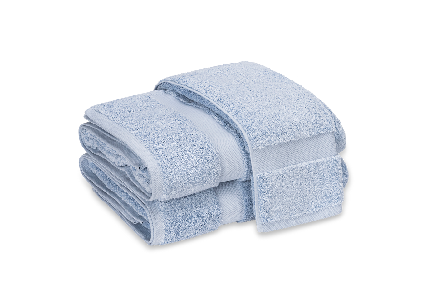 Close-up of stacked Matouk Lotus bath sheets in pale blue with textured border detail.