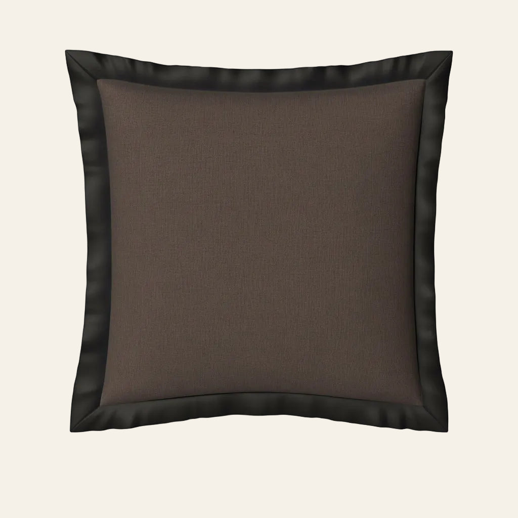 Ann Gish Lover's Kimono sham in mocha linen with black satin border trim.