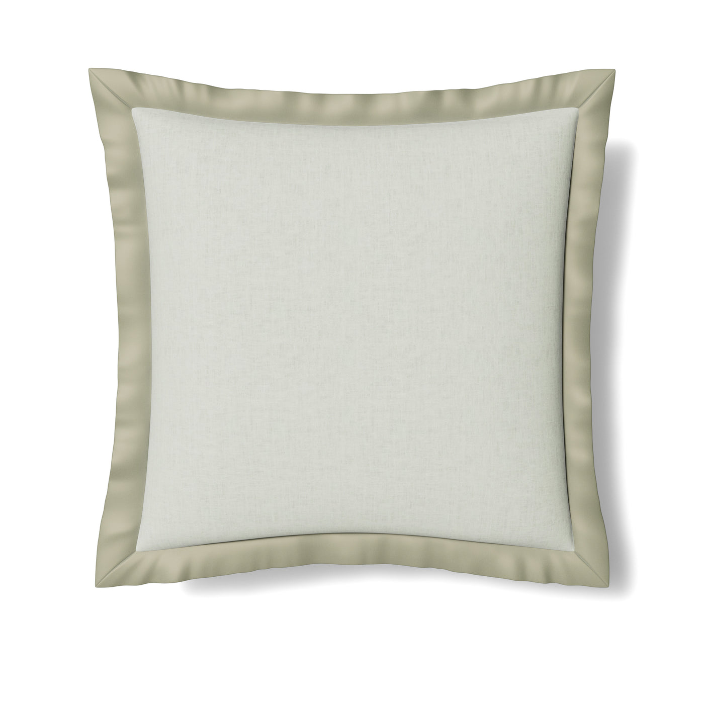 Close-up of Ann Gish Lover's Kimono sham in ivory with sage grosgrain border trim.