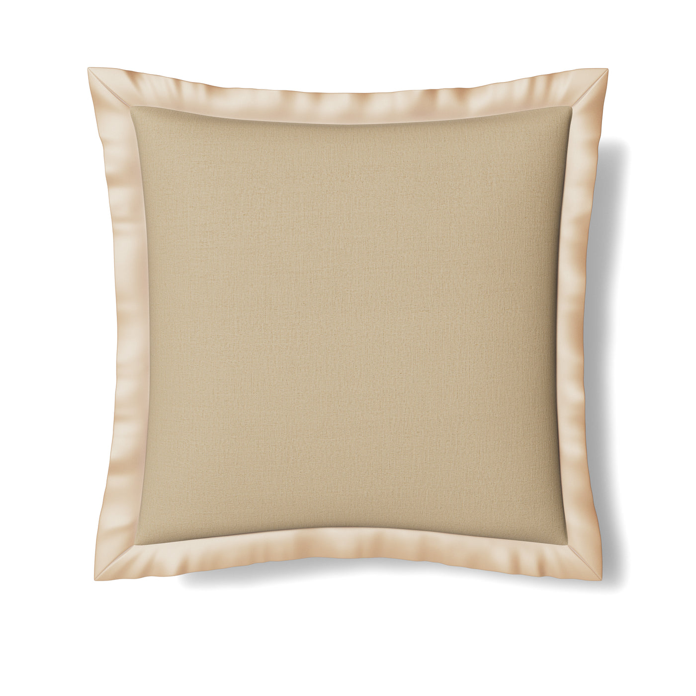 Champagne linen sham with satin border trim, flat lay on white background.