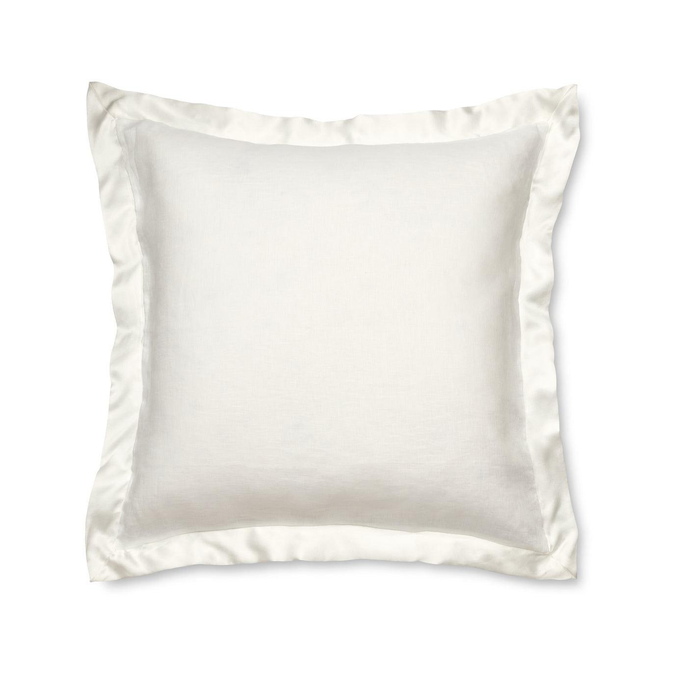Ann Gish Lover's Kimono sham in ivory with satin border trim, flat lay view.
