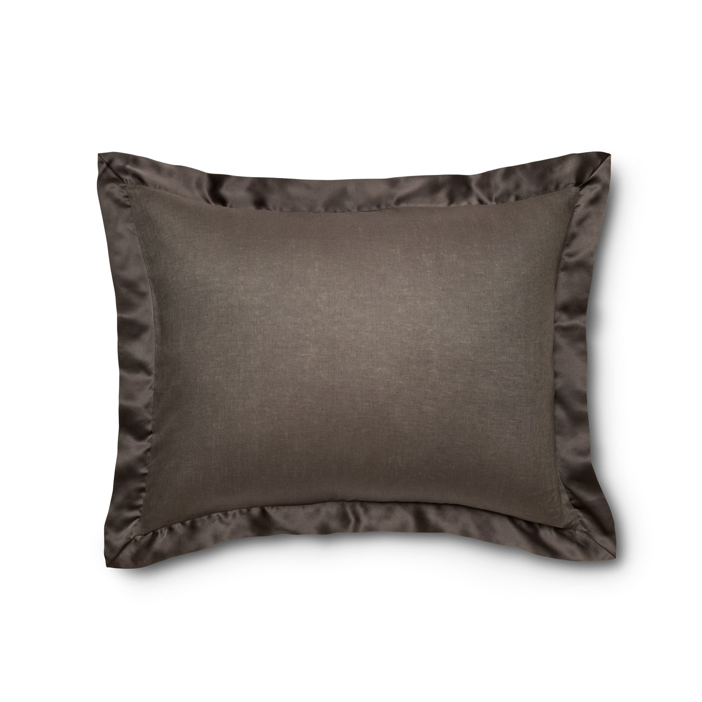 Close-up of Ann Gish Lover's Kimono sham in mocha with satin border trim.