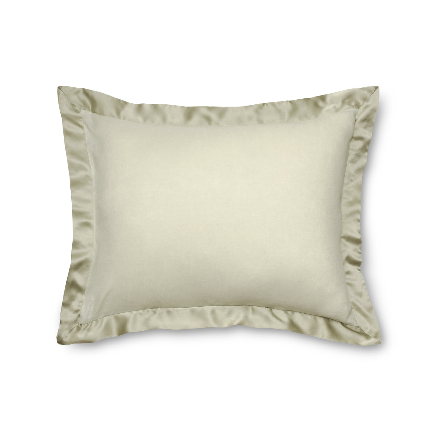 Ivory satin pillow sham with sage green ruffle trim, flat lay view.