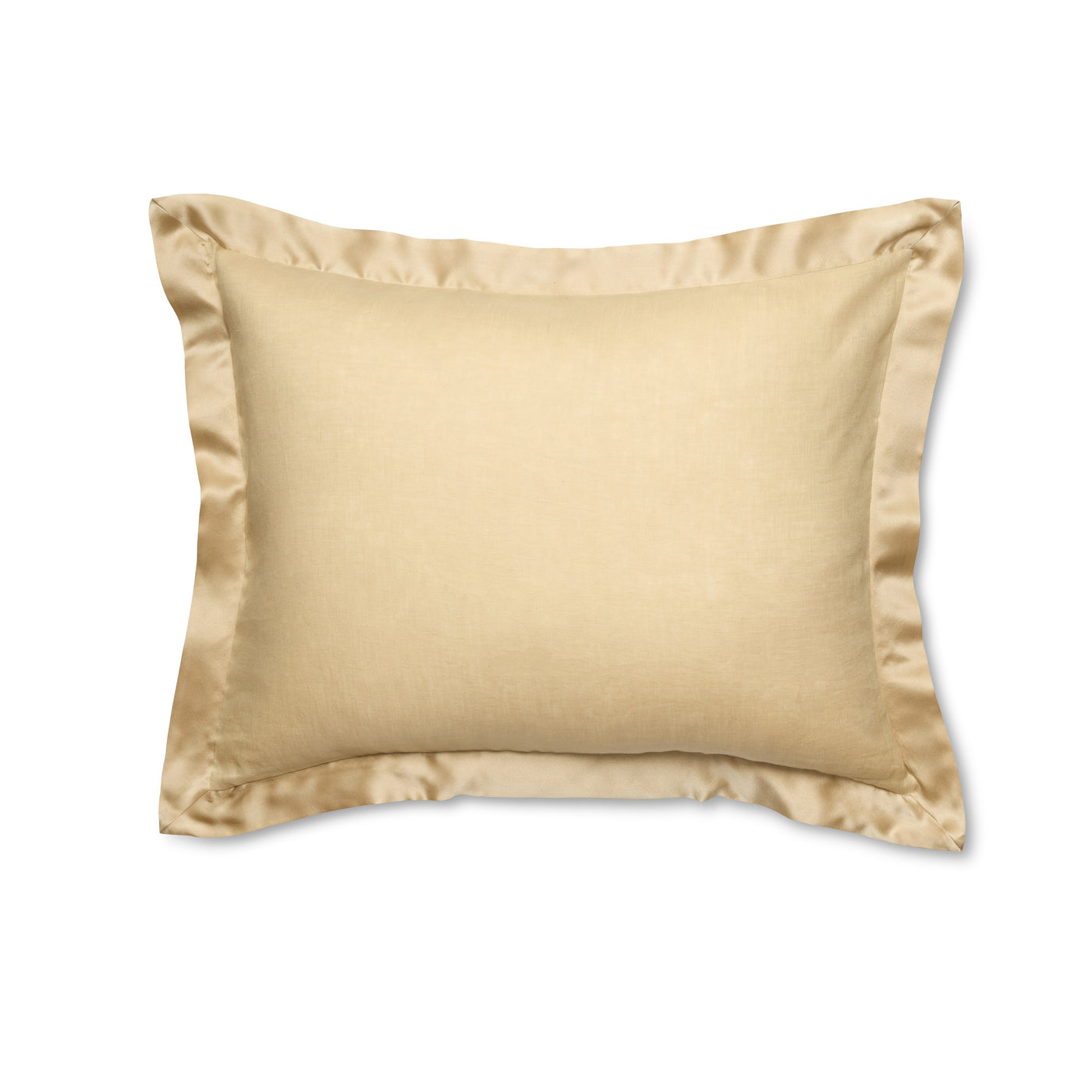 Champagne satin-trimmed pillow sham with flanged border, back view on white background.
