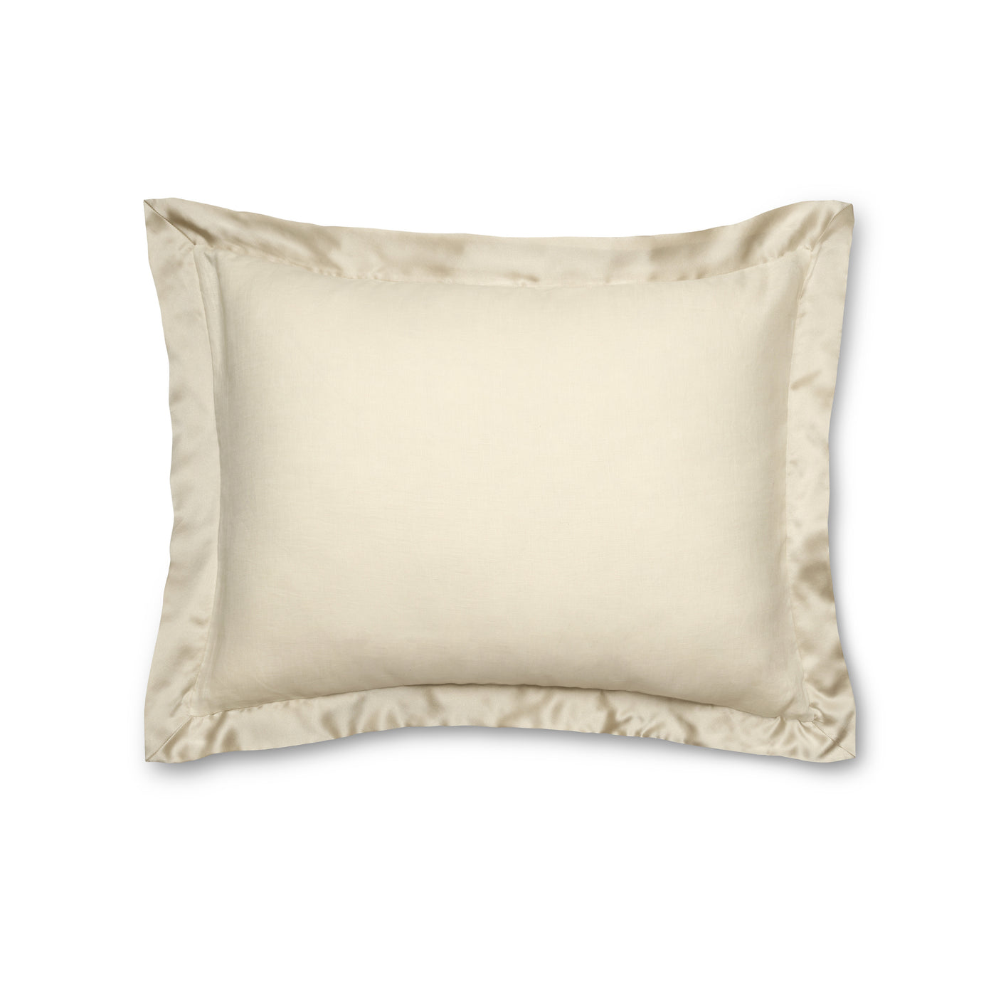 Champagne silk sham with satin border flange, flat lay against white background.