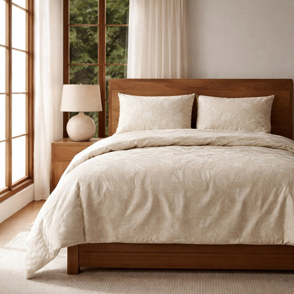 Ivory comforter set with subtle texture styled on a wood bed in a light-filled bedroom.