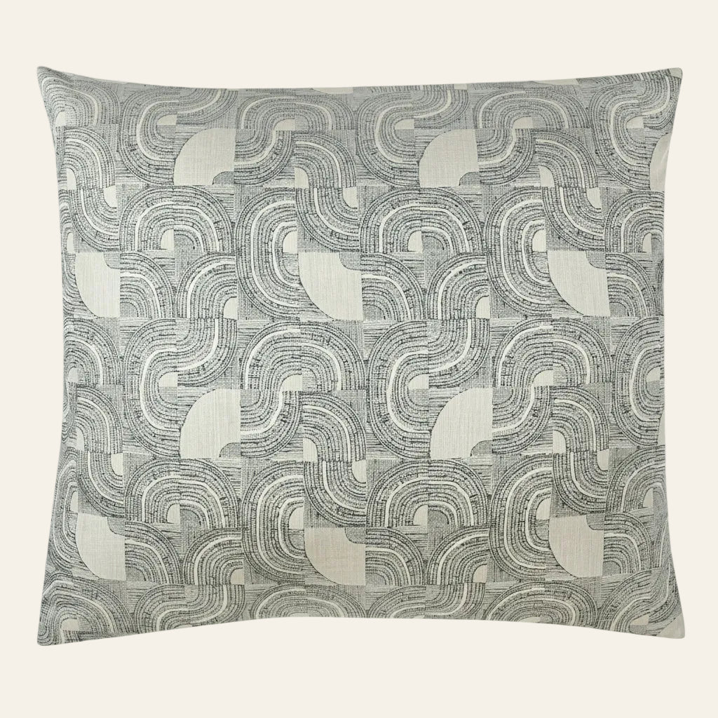 Ann Gish Lugano pillow in sage and ivory with interlocking curved geometric jacquard pattern.