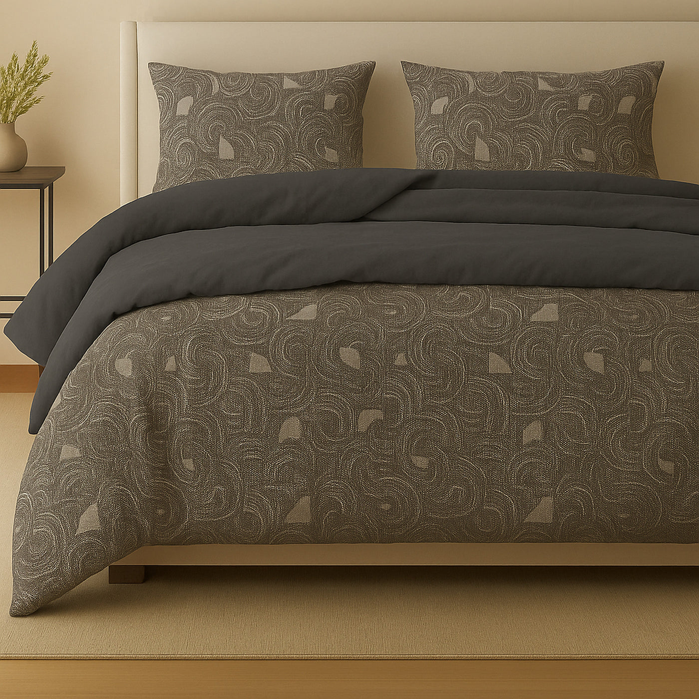 Charcoal reverse lining contrasts swirling taupe paisley pattern on a styled bed.
