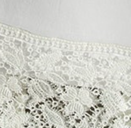 Close-up of ivory floral Venetian lace border on Home Treasures Luzon hand towel.