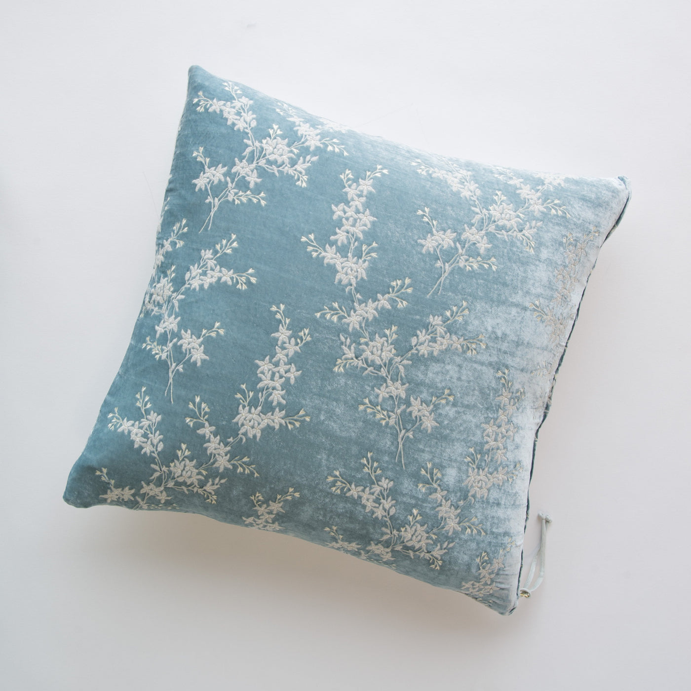 Bella Notte Lynette throw pillow in Cloud, velvet with trailing ivory floral embroidery.