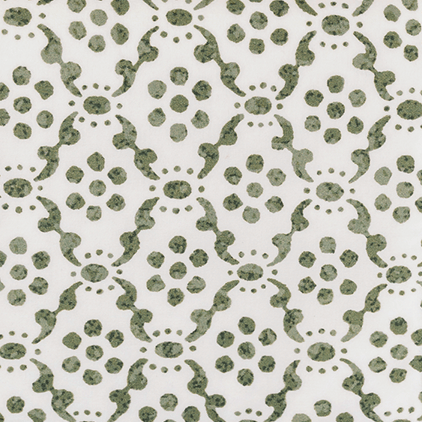 A close-up of a white fabric with an all-over sage green damask-style pattern and a solid sage green stitched edge visible on the right side.