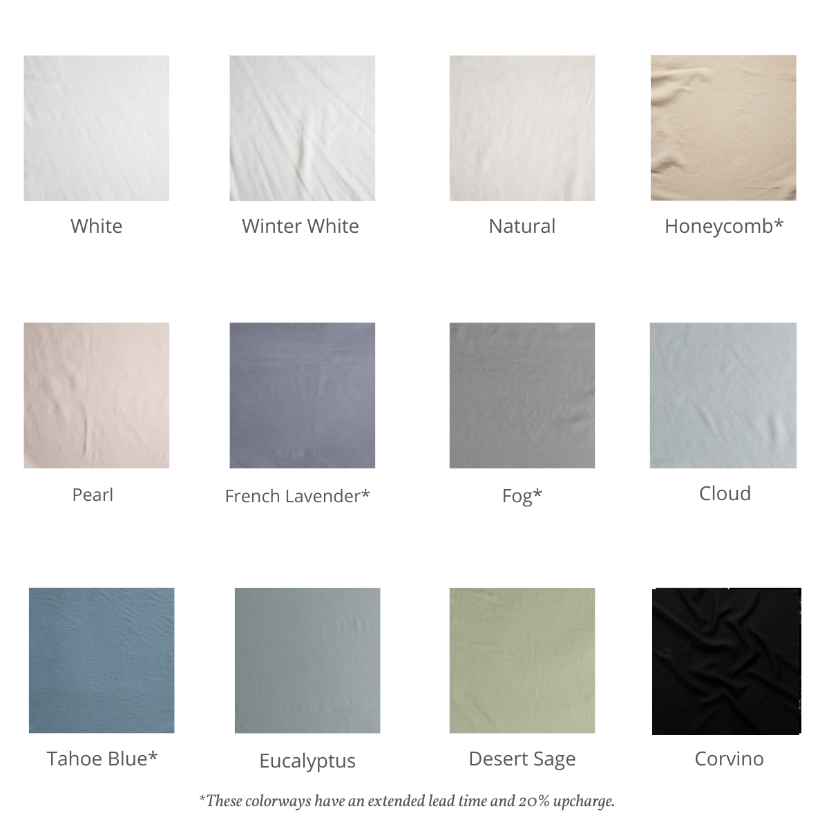 Madera Luxe pillowcase colorway grid showing all twelve available colors.