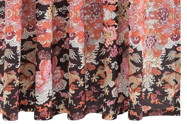 Patterned fabric with dragons and floral designs in red, black, and white.