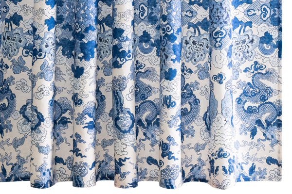 Blue and white patterned fabric with dragon design