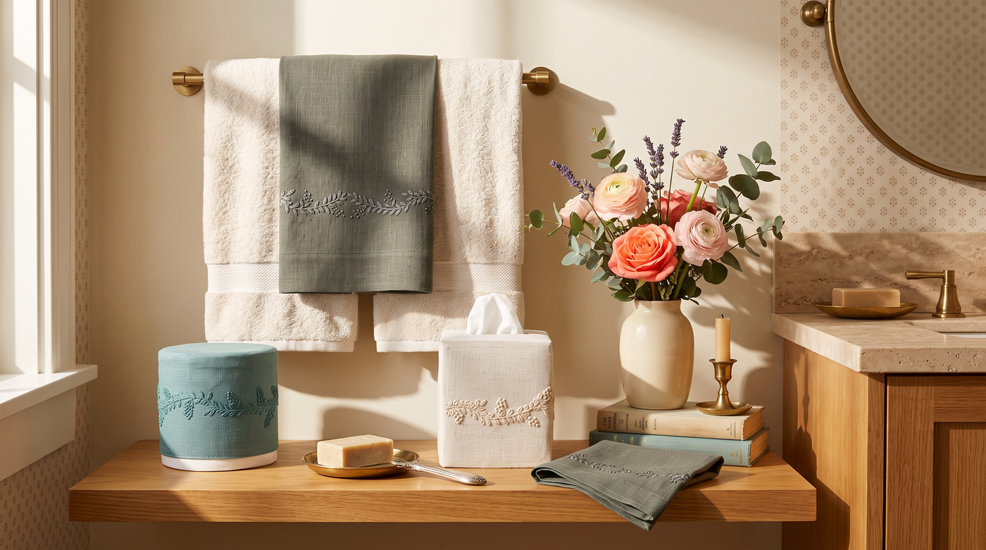 A styled bathroom scene with a wooden floating shelf holding a teal cylindrical container, a white tissue box cover with embroidered floral detailing, a folded teal towel, and a vase of pink and peach flowers. Two white towels hang on a brass towel bar above, with a sink and mirror visible in the softly lit room.