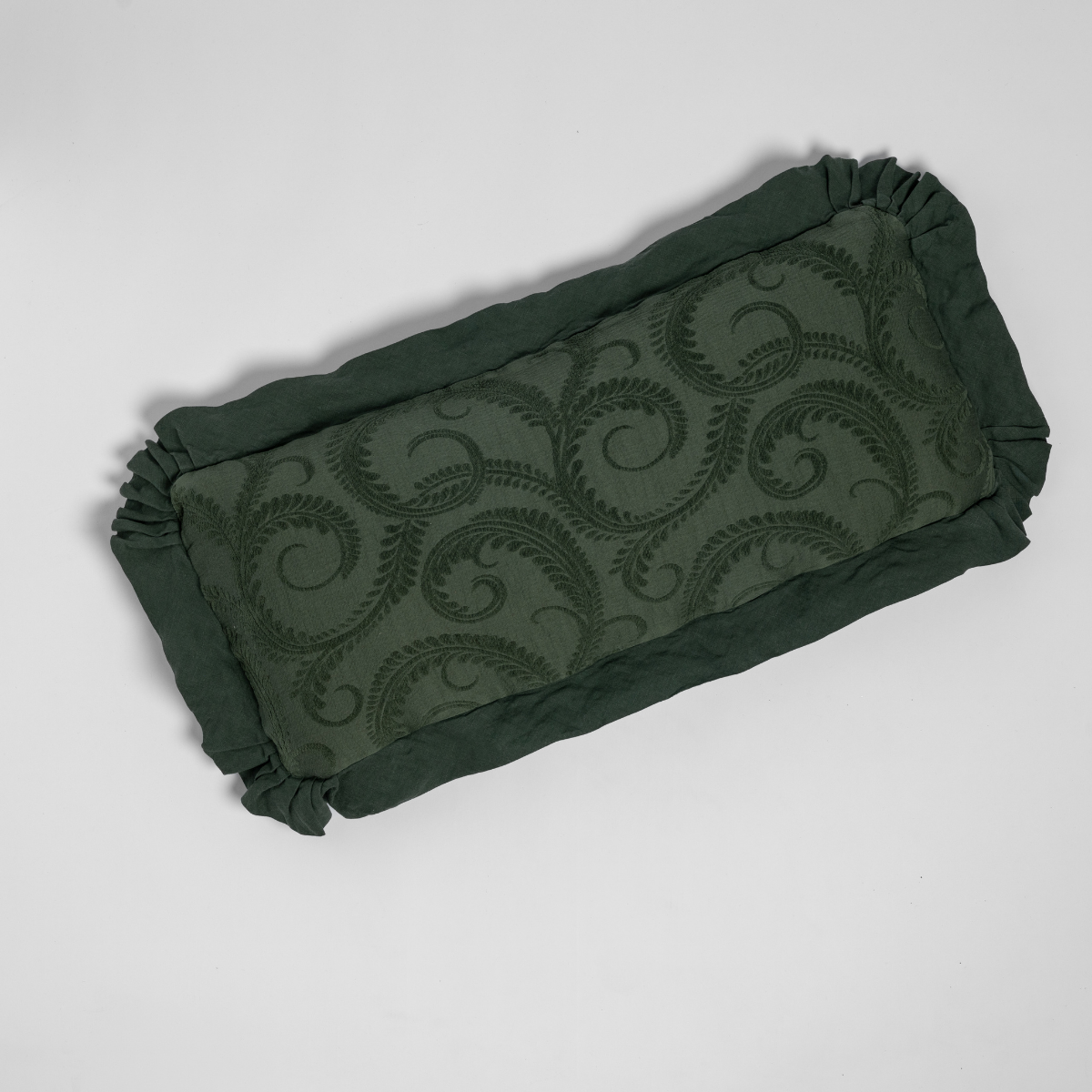 Juniper Marisette throw pillow, ruffled ends, embroidered scrolling fern pattern on velvet.