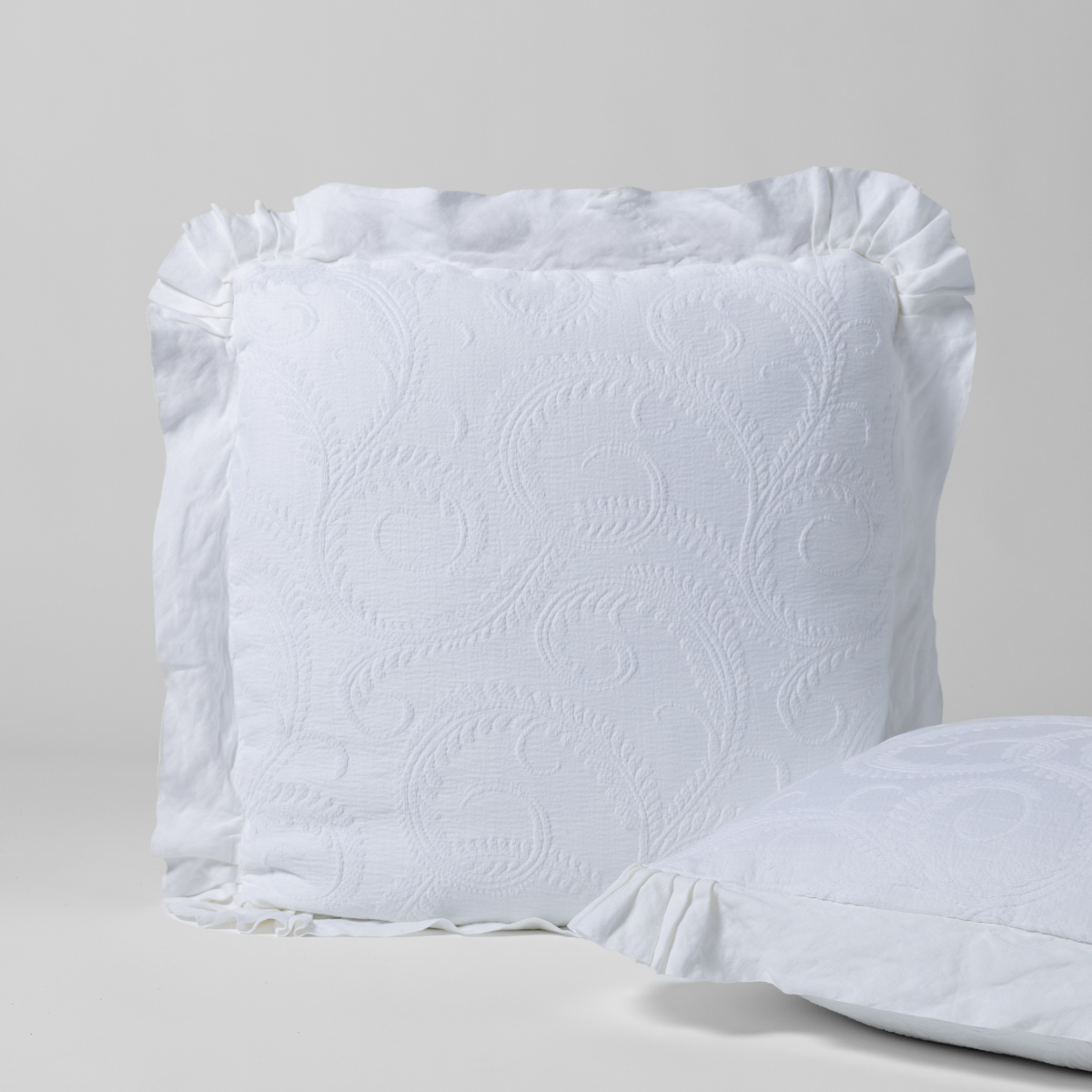 Bella Notte Marisette sham in White with quilted scroll pattern and ruffled edge.