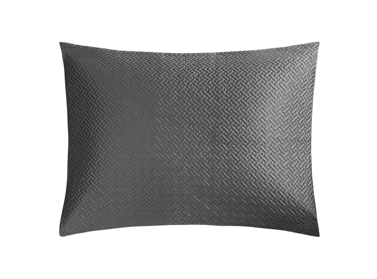 Matouk Basketweave pillow sham in charcoal with a woven geometric quilted pattern.