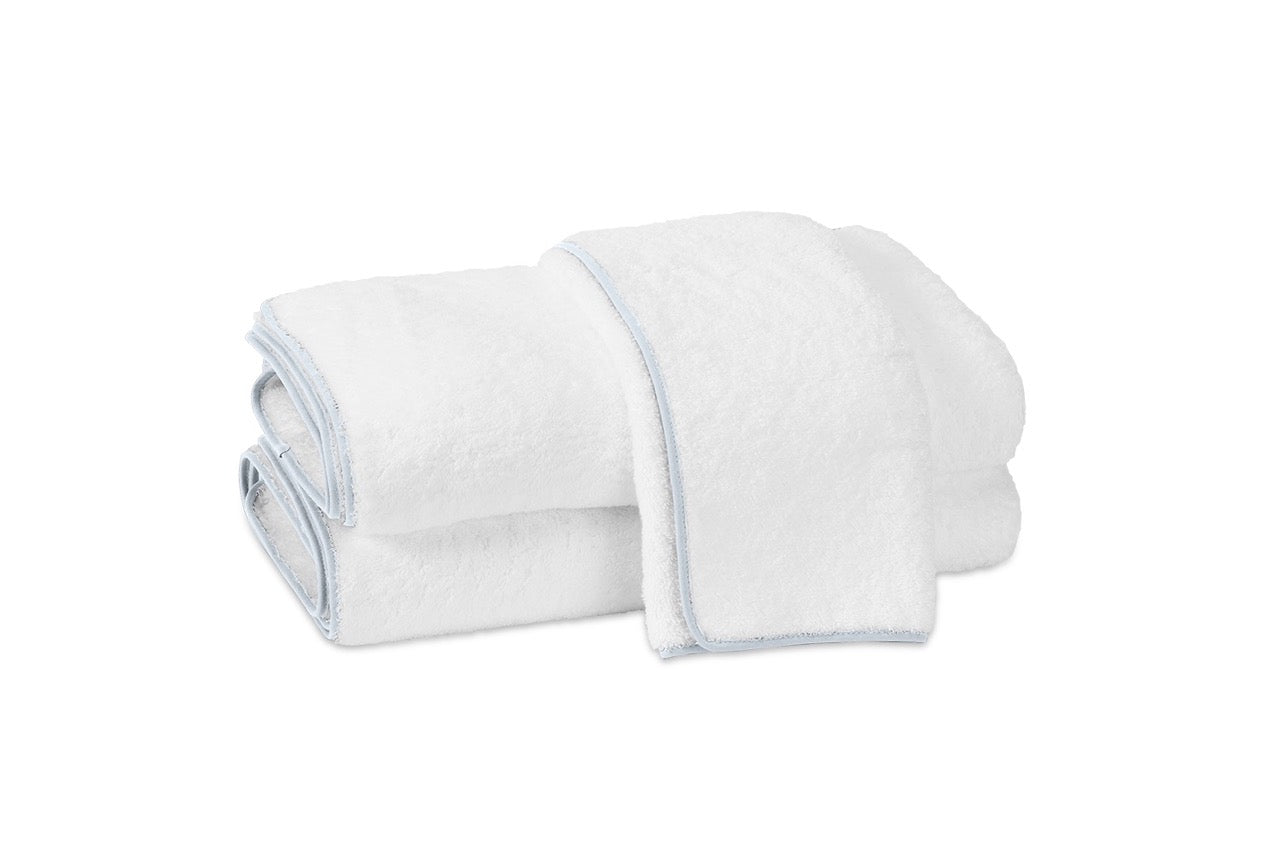 Image of Matouk Cairo towels in color white light blue.