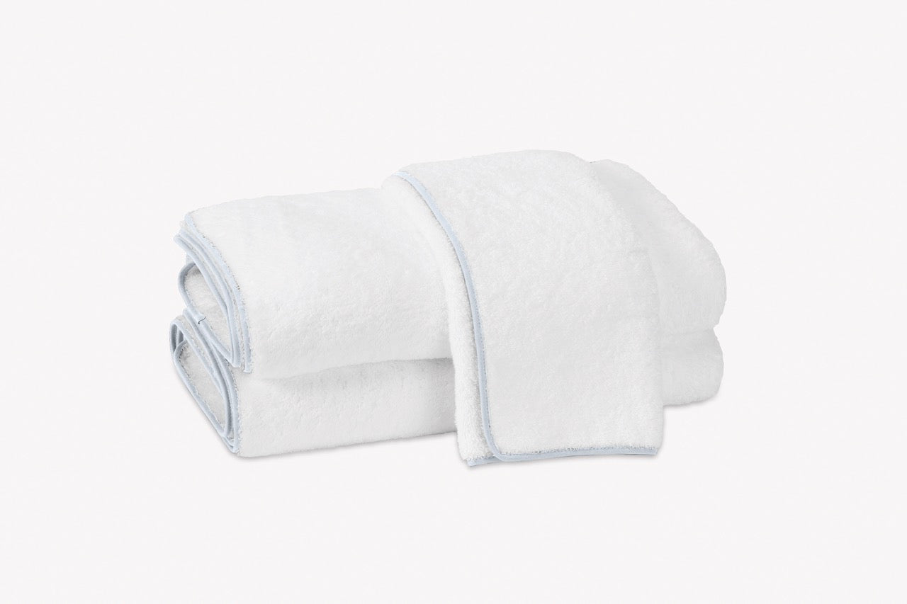 Image of Matouk Cairo towels in color white light blue.