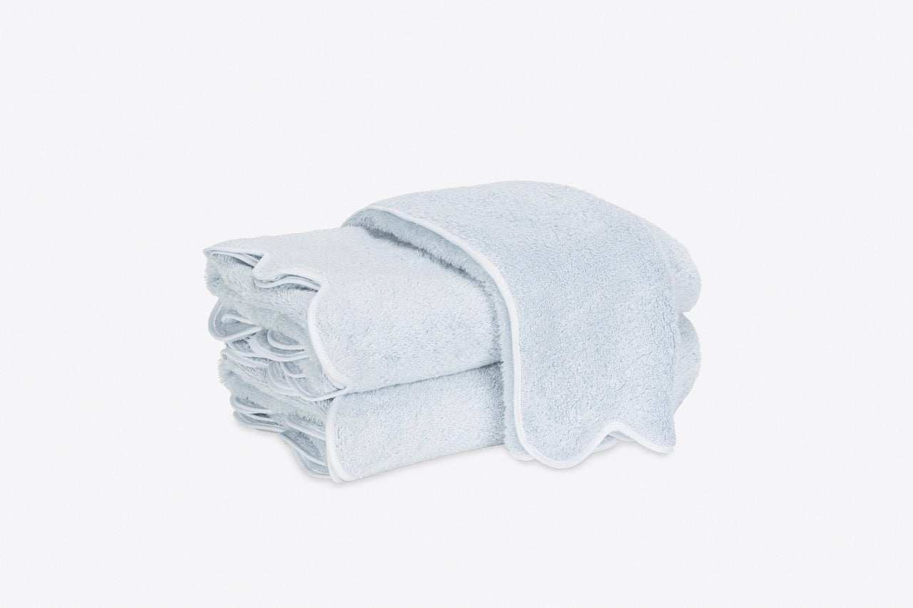 Image of Matouk Cairo Scallop towels in color Light blue white.