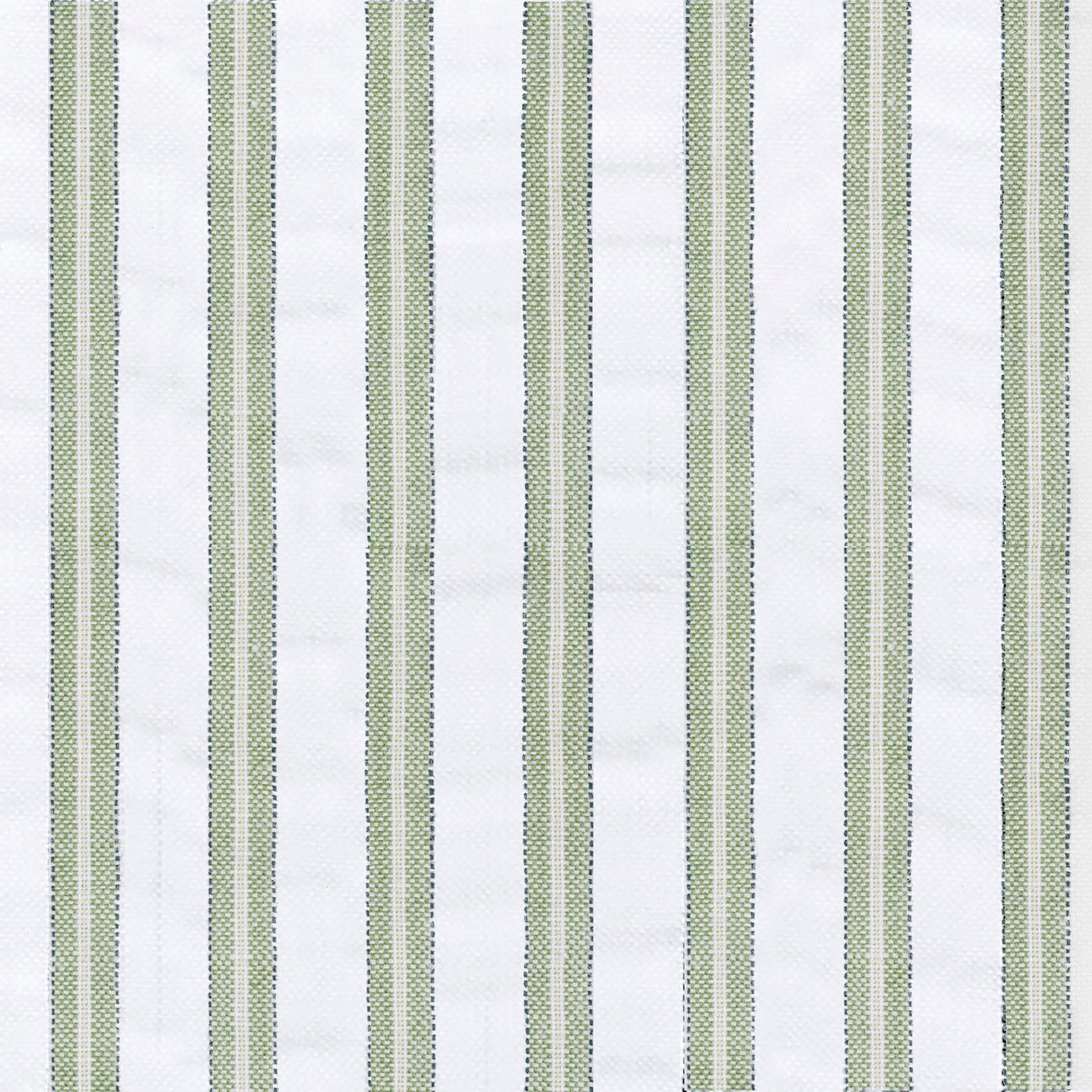 Close-up of sage and white woven ticking stripe fabric texture.