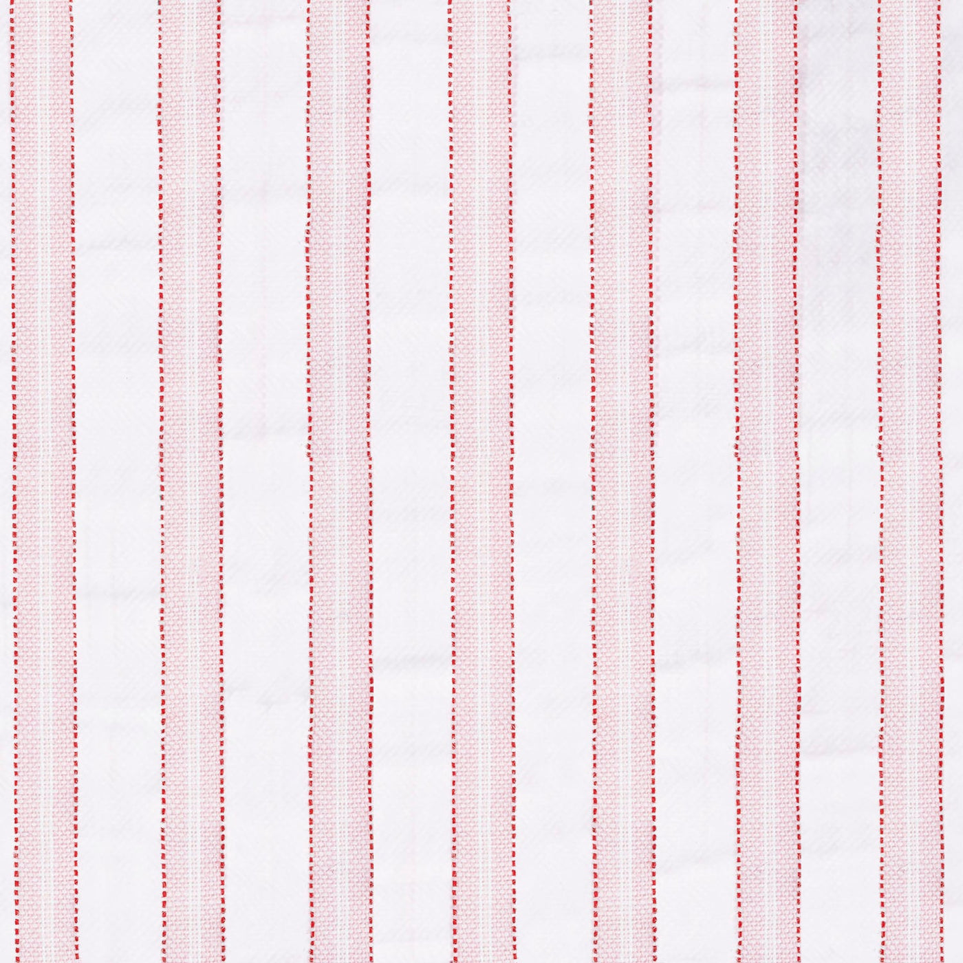 Close-up of crimson and blush dotted stripe weave on white cotton fabric.