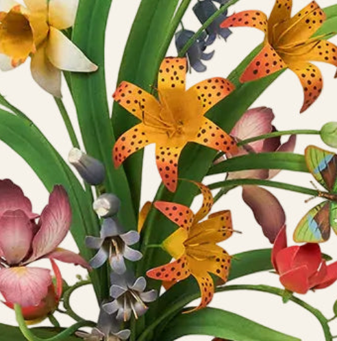 Close-up of enameled botanical motifs including tiger lilies, daffodils, and a butterfly.