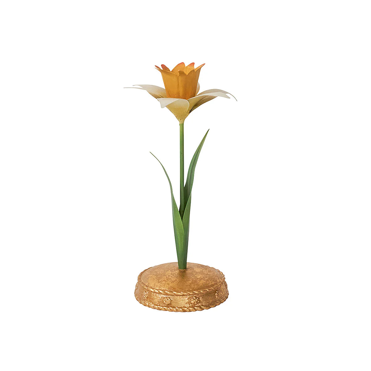 Juliska Meadow Walk candlestick holder with sculpted daffodil atop gilded ornate base.