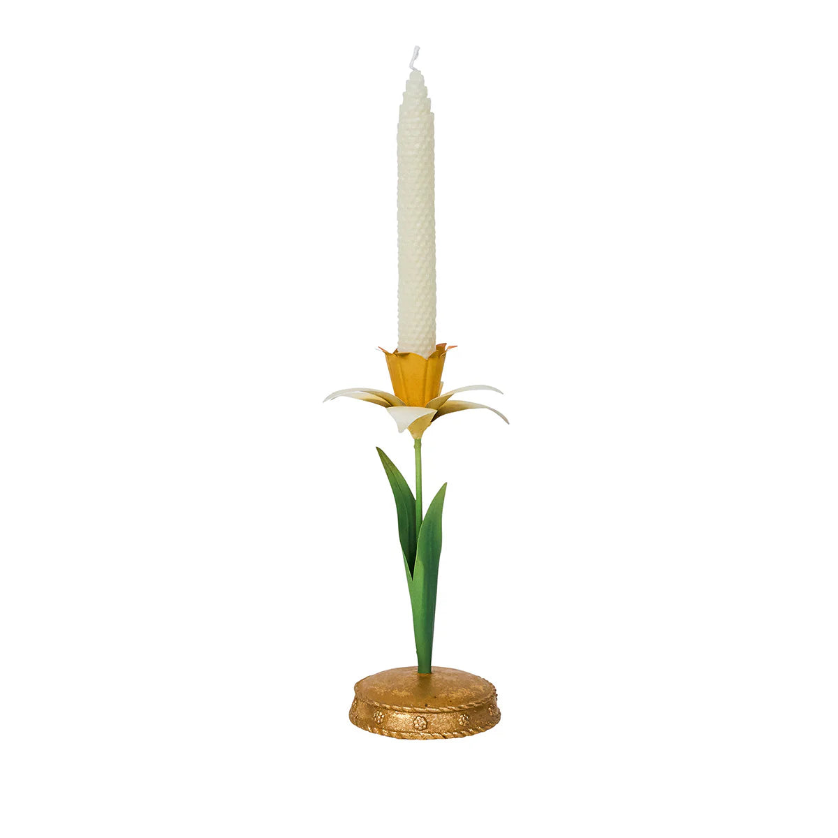 Gold and white floral metal candlestick with green stem leaves, ivory taper candle.