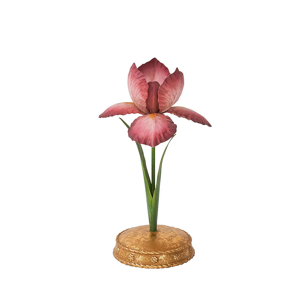 Juliska Meadow Walk candlestick holder with dusty rose iris bloom on a gilded base.