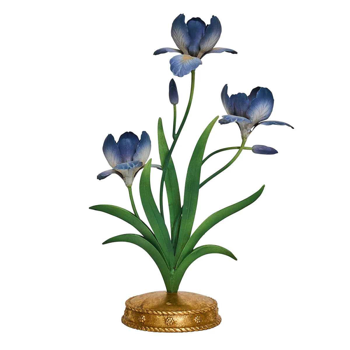 Juliska Meadow Walk candelabra with blue iris blooms and gold base.