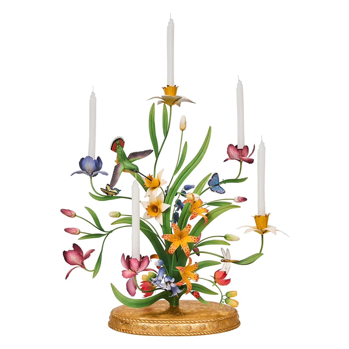 Angled view showing hummingbird and butterfly details among hand-painted blooms.