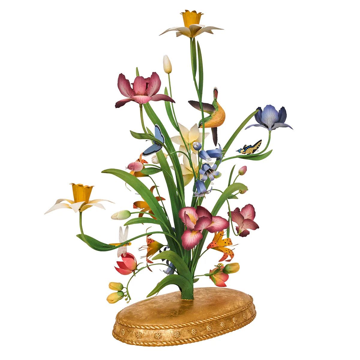 Juliska Meadow Walk candelabra with multicolor painted metal flowers and bird detail.