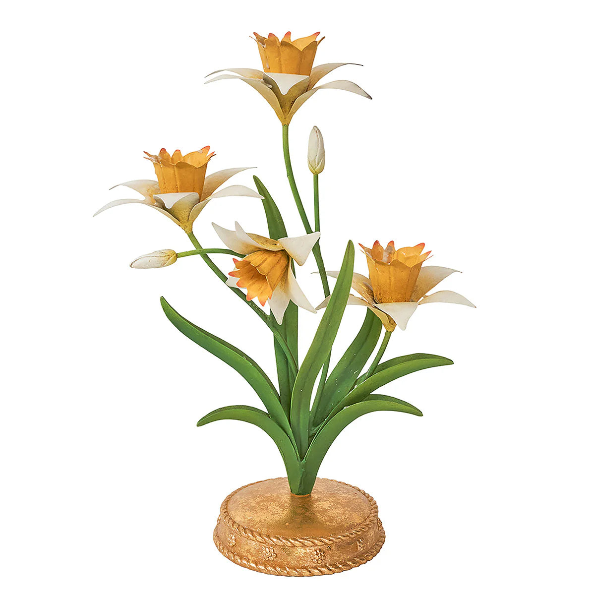 Juliska Meadow Walk candelabra with ivory and amber tole lily blooms on a gold base.