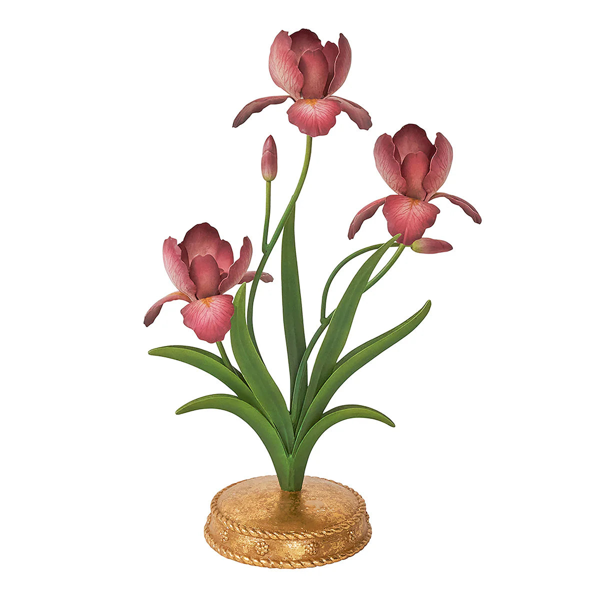 Close-up of Juliska Meadow Walk candelabra with dusty rose iris blooms on gold base.